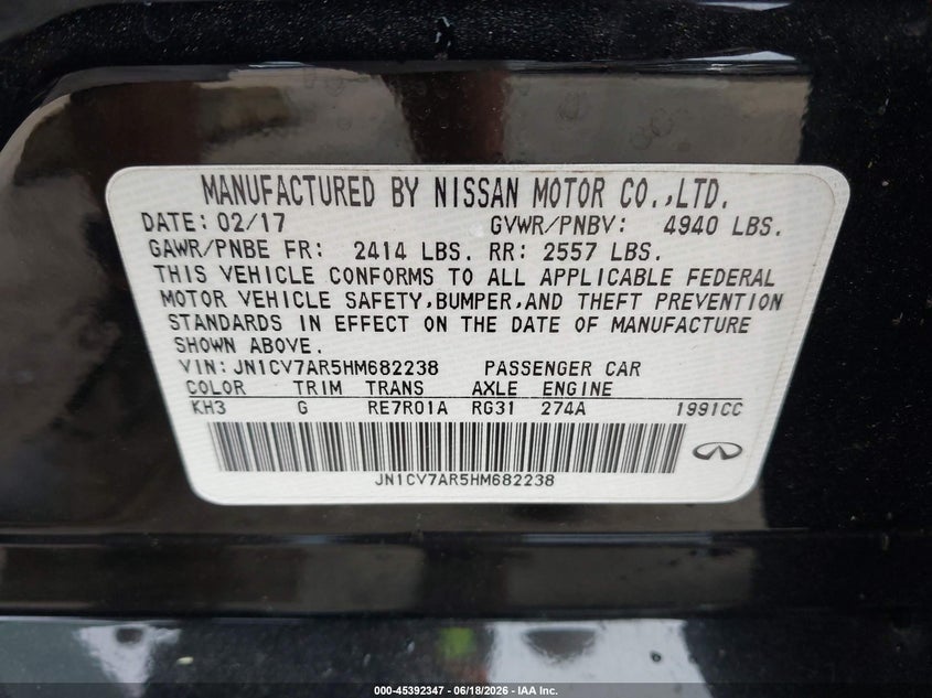 2017 Infiniti Q50 VIN JN1CV7AR5HM682238 IAAI salvage auction — LEFT FRONT, Salvage (Virginia), sold $1,475 on 2026-08-01 (photo 9)