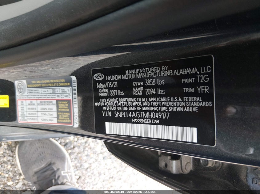2021 Hyundai Elantra VIN 5NPLL4AG7MH049177 IAAI salvage auction — NORMAL WEAR, SF97 (Maryland), sold $5,100 on 2026-07-21 (photo 9)