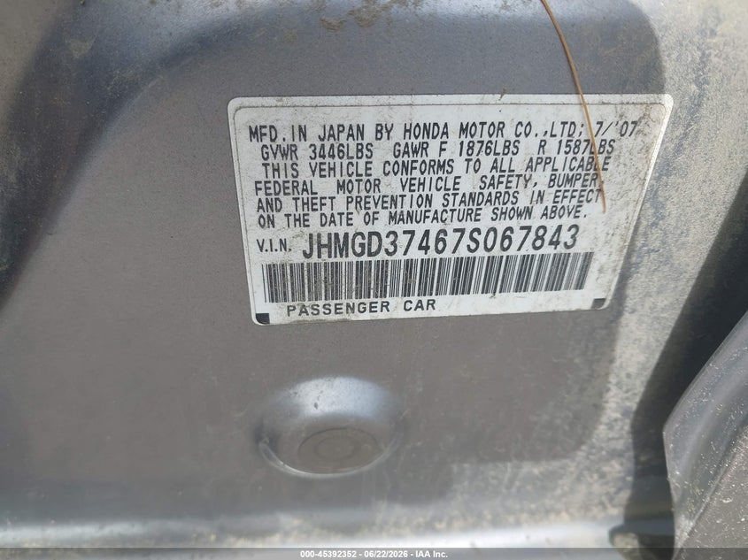 2007 Honda Fit VIN JHMGD37467S067843 IAAI salvage auction — NORMAL WEAR, Reconstructed (Massachusetts), sold $400 on 2026-07-17 (photo 9)