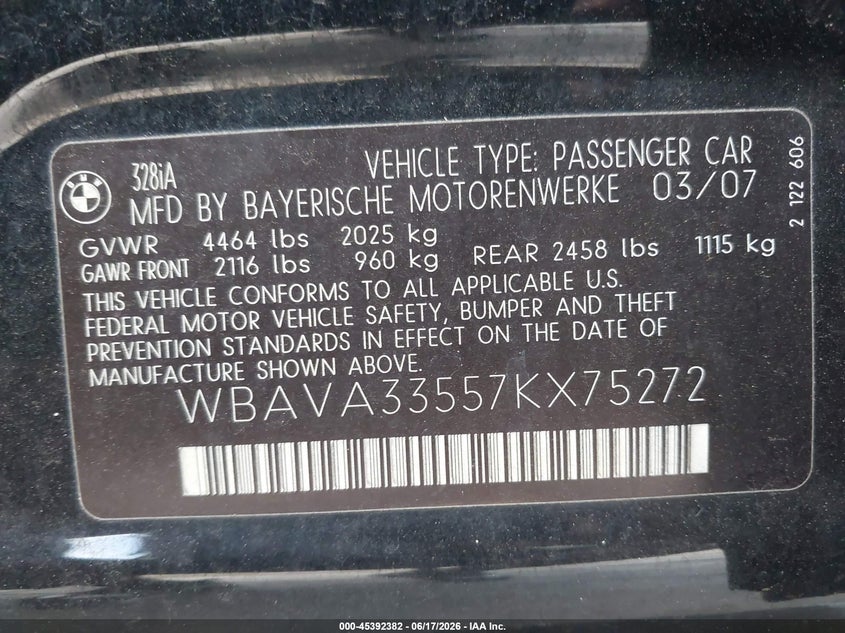 2007 BMW 3 series VIN WBAVA33557KX75272 IAAI salvage auction — LEFT SIDE, Salvage (North Carolina), sold $1,250 on 2026-07-06 (photo 9)