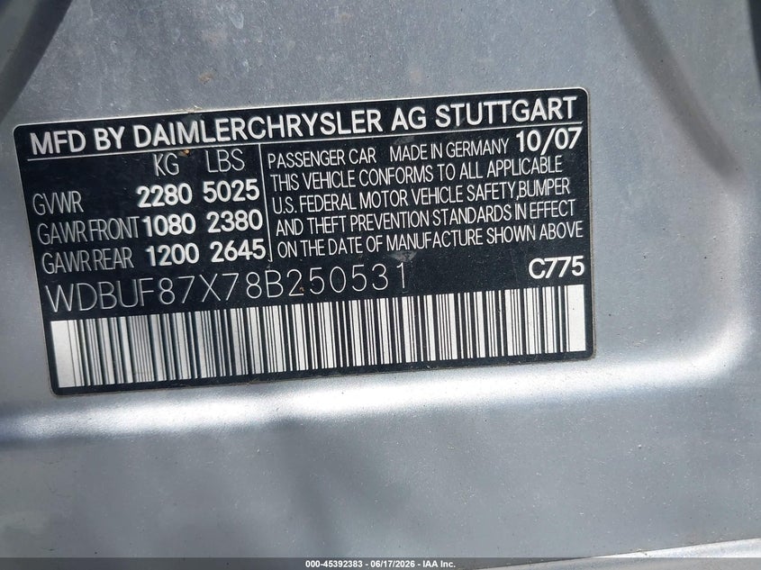 2008 Mercedes-benz E-klasse VIN WDBUF87X78B250531 IAAI salvage auction — SIDE, Mv-907A (New York), sold $500 on 2026-07-09 (photo 9)
