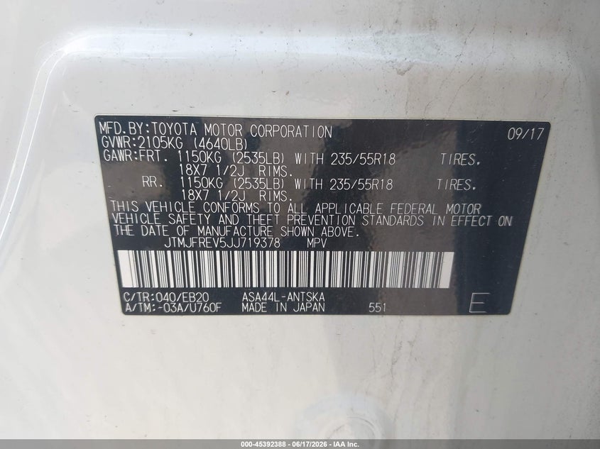 2018 Toyota Rav 4 VIN JTMJFREV5JJ719378 IAAI salvage auction — NORMAL WEAR, Clear (New York), sold $7,300 on 2026-07-07 (photo 9)