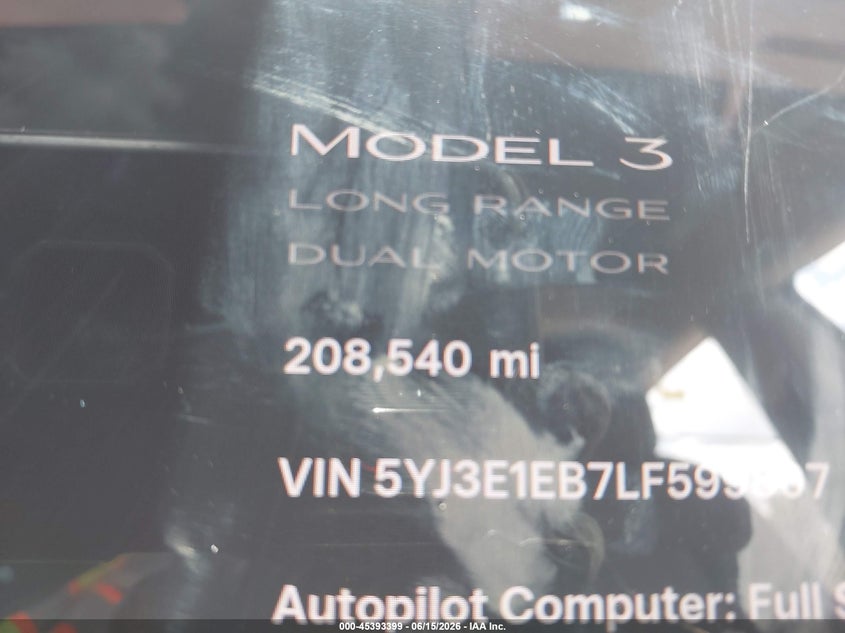 2020 Tesla Model 3 VIN 5YJ3E1EB7LF599807 IAAI salvage auction — FRONT END, Clear (Florida), sold $3,150 on 2026-07-15 (photo 7)