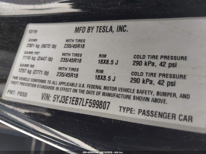 2020 Tesla Model 3 VIN 5YJ3E1EB7LF599807 IAAI salvage auction — FRONT END, Clear (Florida), sold $3,150 on 2026-07-15 (photo 9)