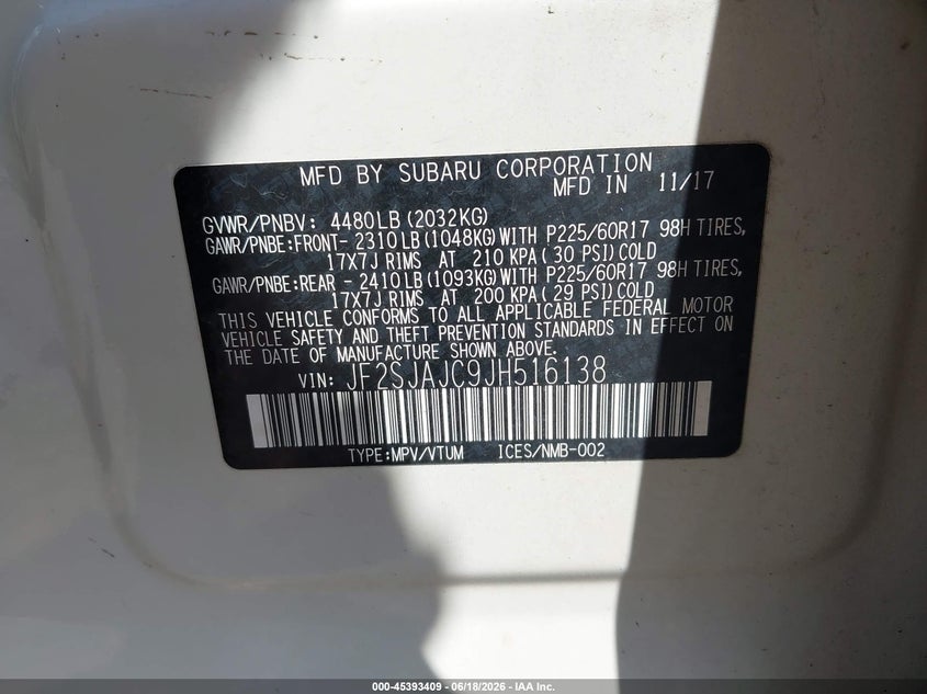 2018 Subaru Forester VIN JF2SJAJC9JH516138 IAAI salvage auction — FRONT END, Mv-907A (New York), sold $1,050 on 2026-07-30 (photo 9)