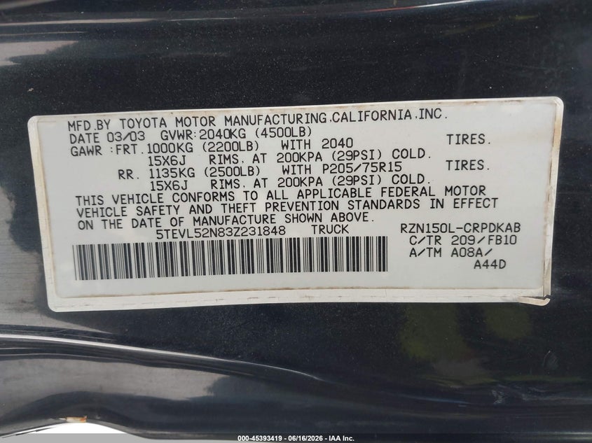 2003 Toyota Tacoma VIN 5TEVL52N83Z231848 IAAI salvage auction — FRONT END, Non-Repairable (Texas), sold $325 on 2026-07-23 (photo 9)