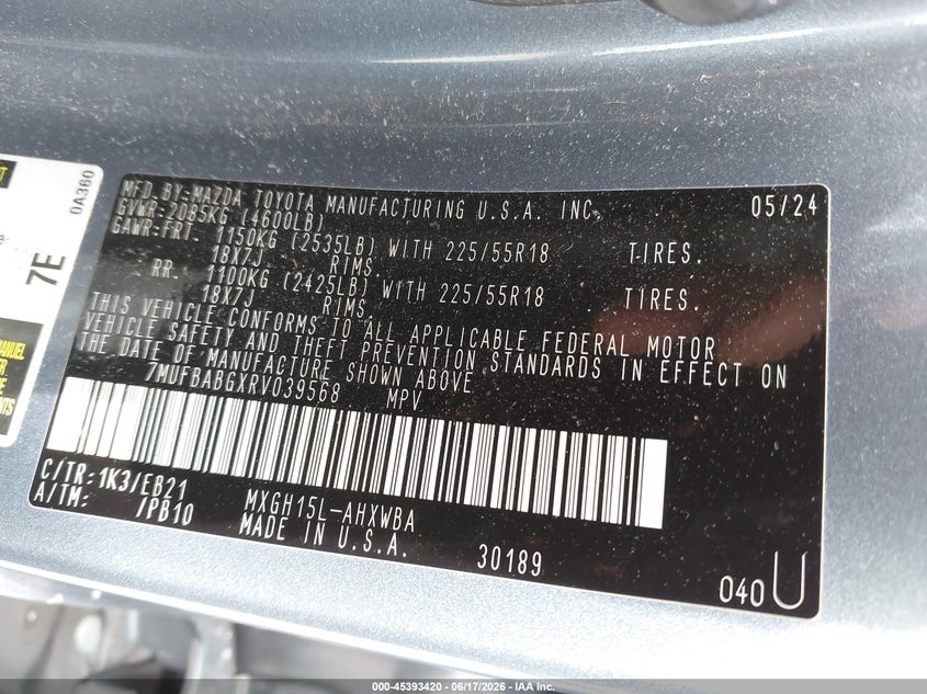 2024 Toyota VIN 7MUFBABGXRV039568 IAAI salvage auction — RIGHT FRONT, Salvage Title, sold $9,500 on 2026-07-23 (photo 9)
