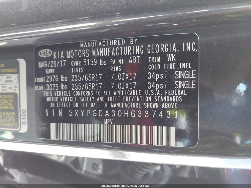 2017 Kia Sorento VIN 5XYPGDA30HG337431 IAAI salvage auction — LEFT SIDE, Salvage (Texas), sold $2,800 on 2026-07-14 (photo 9)
