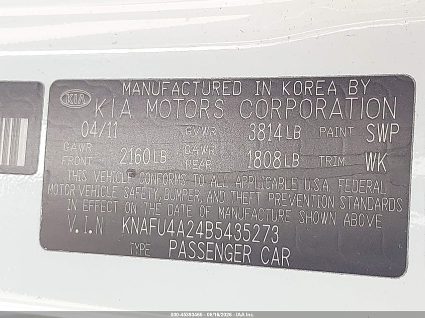 2011 Kia Forte VIN KNAFU4A24B5435273 IAAI salvage auction — FRONT END, Original (Texas), sold $850 on 2026-07-29 (photo 9)