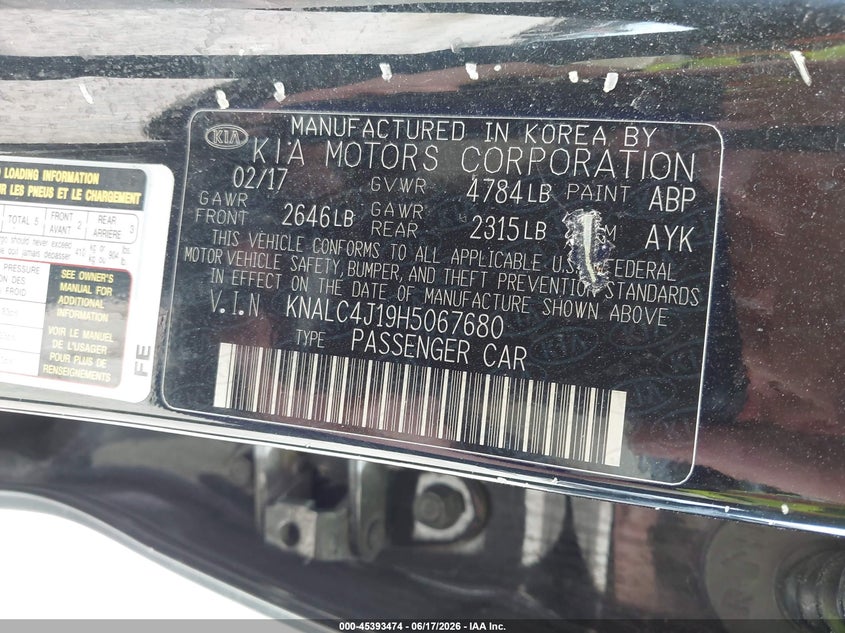 2017 Kia Cadenza VIN KNALC4J19H5067680 IAAI salvage auction — NORMAL WEAR, Original (Kentucky), sold $525 on 2026-07-29 (photo 9)