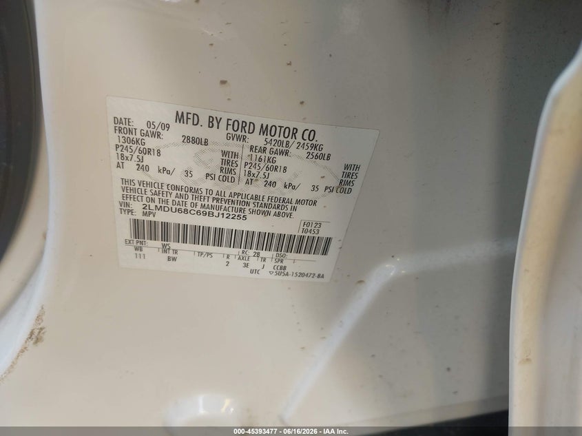 2009 Lincoln Mkx VIN 2LMDU68C69BJ12255 IAAI salvage auction — ROLLOVER, Salvage (North Carolina), sold $500 on 2026-07-09 (photo 9)