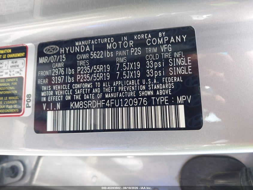 2015 Hyundai Santa fe VIN KM8SRDHF4FU120976 IAAI salvage auction — REAR END, Prior Salvage (Minnesota), sold $2,000 on 2026-08-02 (photo 9)