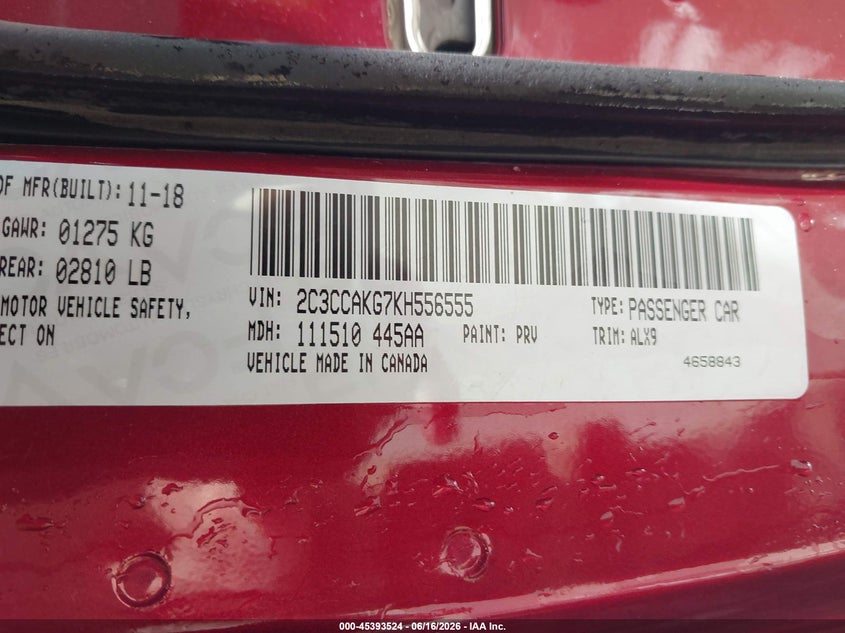 2019 Chrysler 300 VIN 2C3CCAKG7KH556555 IAAI salvage auction — WATER/FLOOD, Salvage (Iowa), sold $3,750 on 2026-07-31 (photo 9)