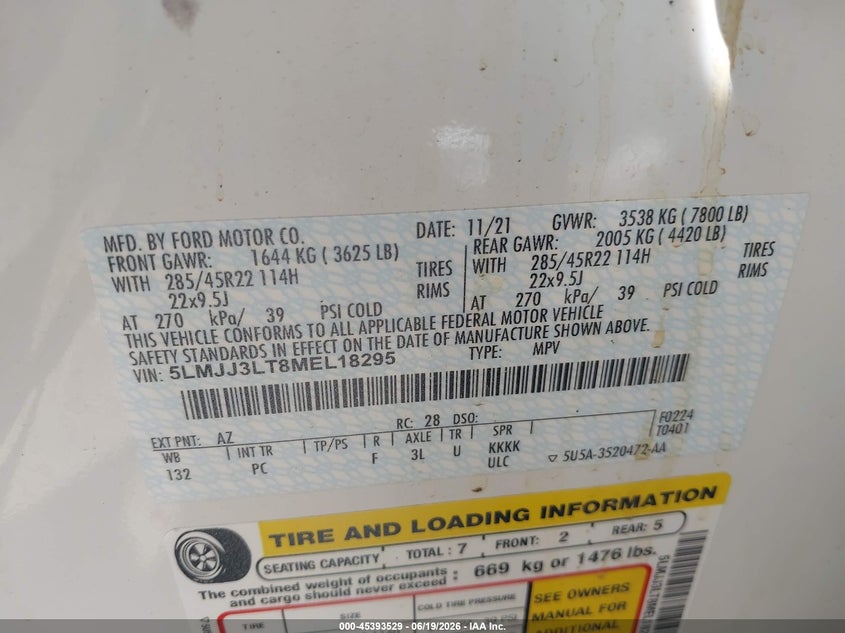 2021 Lincoln Navigator VIN 5LMJJ3LT8MEL18295 IAAI salvage auction — ROOF, Salvage - Greater Than 75% (Maryland), sold $13,600 on 2026-07-30 (photo 9)
