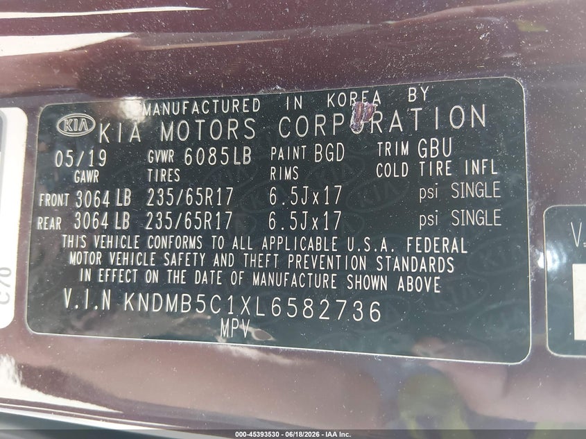 2020 Kia SEDONA VIN KNDMB5C1XL6582736 IAAI salvage auction — FRONT END, Salvage (North Carolina), sold $1,950 on 2026-07-22 (photo 9)