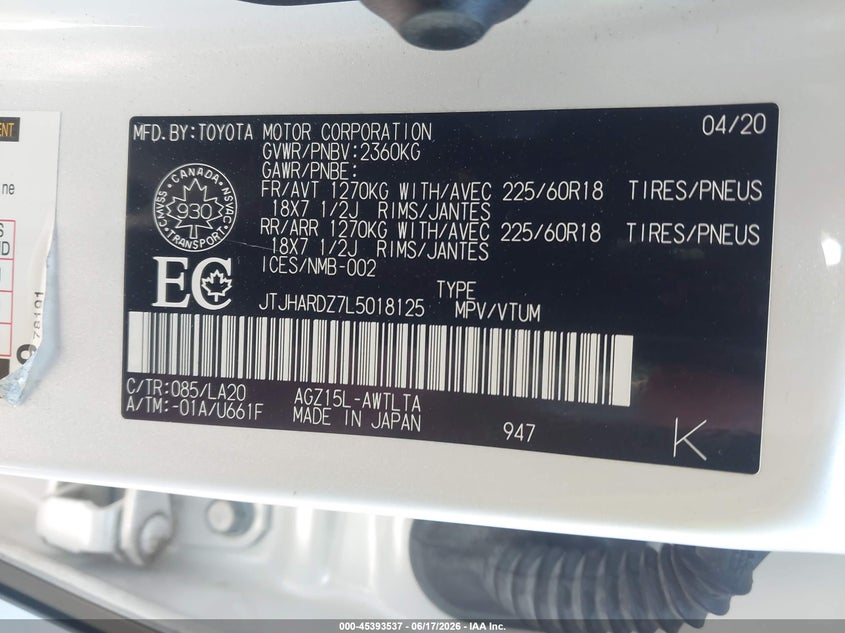 2020 Lexus Nx VIN JTJHARDZ7L5018125 IAAI salvage auction — LEFT FRONT, Salvage (North Carolina), sold $11,250 on 2026-07-22 (photo 9)