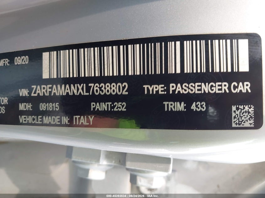 2020 Alfa romeo Giulia VIN ZARFAMANXL7638802 IAAI salvage auction — HAIL, Salvage Title, sold $5,275 on 2026-09-09 (photo 9)