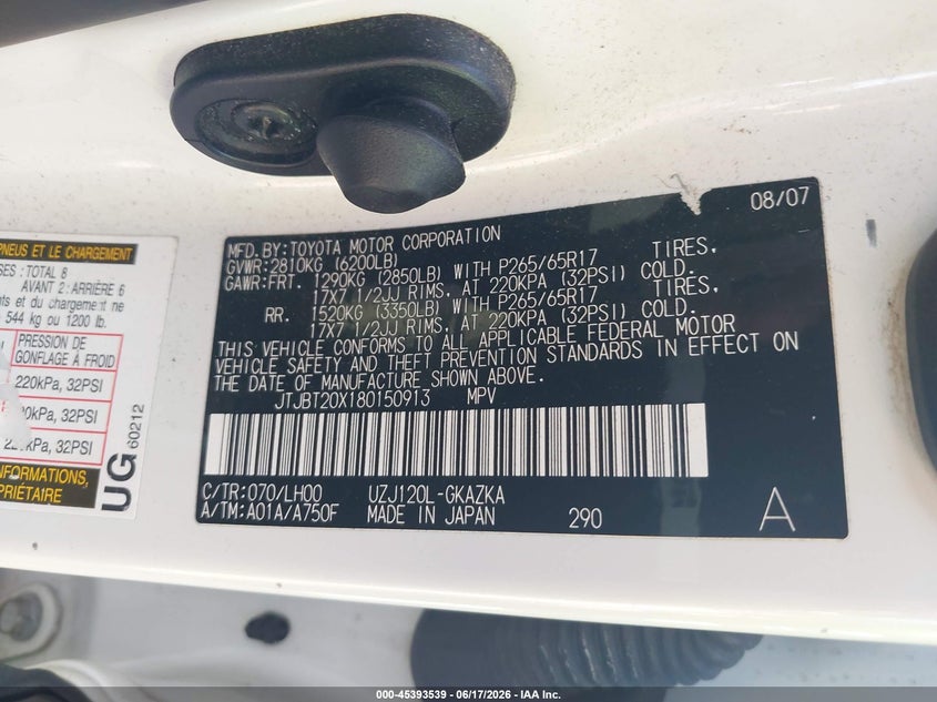 2008 Lexus Gx 470 VIN JTJBT20X180150913 IAAI salvage auction — REAR END, Salvage (Ohio), sold $2,750 on 2026-07-28 (photo 9)