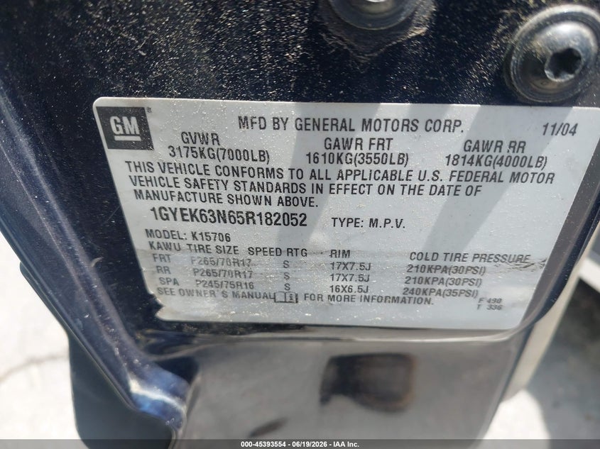 2005 Cadillac Escalade VIN 1GYEK63N65R182052 IAAI salvage auction — NORMAL WEAR, Clear-Dealer Only (North Carolina), sold $650 on 2026-07-20 (photo 9)