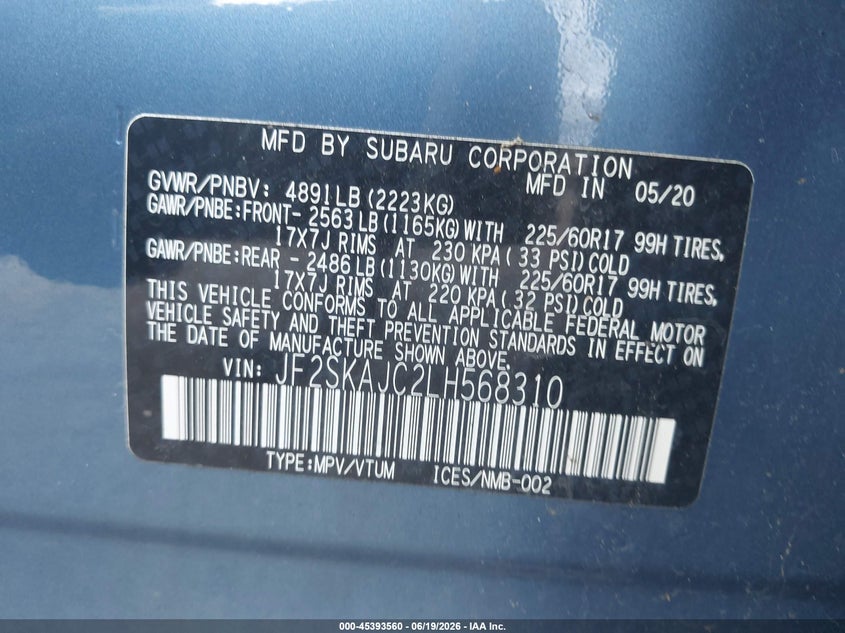 2020 Subaru Forester VIN JF2SKAJC2LH568310 IAAI salvage auction — LEFT REAR, Salvage (Massachusetts), sold $3,975 on 2026-08-01 (photo 9)