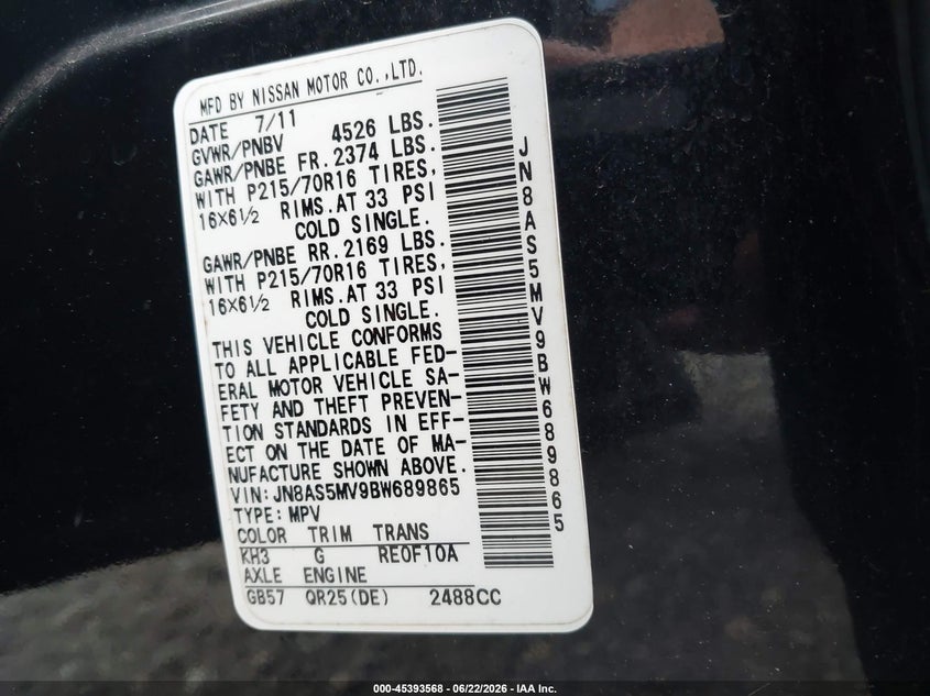 2011 Nissan Rogue VIN JN8AS5MV9BW689865 IAAI salvage auction — FRONT END, Mv-907A (New York), sold $400 on 2026-07-11 (photo 9)