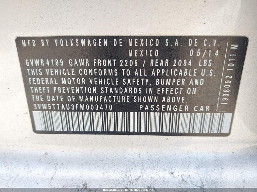2015 Volkswagen Golf gti VIN 3VW5T7AU3FM003470 IAAI salvage auction — RIGHT SIDE, Salvage (Idaho), sold $3,300 on 2026-07-09 (photo 9)