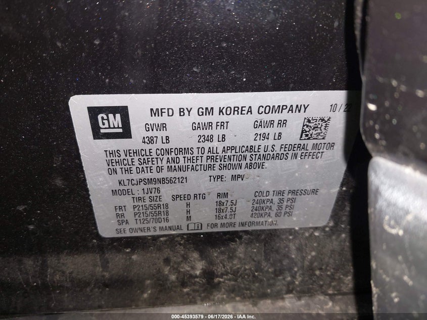 2022 Chevrolet Trax VIN KL7CJPSM9NB562121 IAAI salvage auction — SUSPENSION, Salvage Title, sold $5,100 on 2026-07-10 (photo 9)