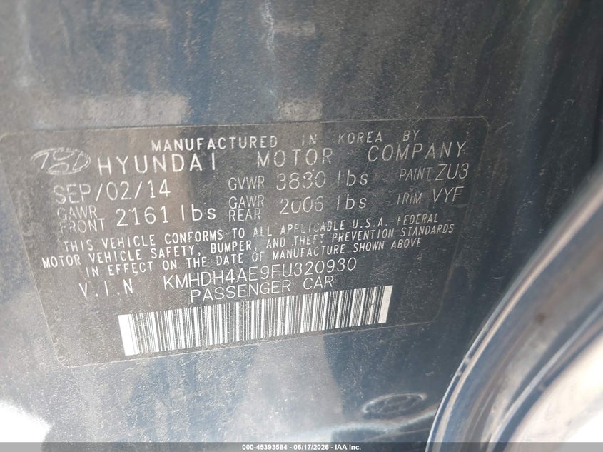 2015 Hyundai Elantra VIN KMHDH4AE9FU320930 IAAI salvage auction — FRONT END, Salvage - 75% Or Less (Maryland), sold $875 on 2026-08-01 (photo 9)