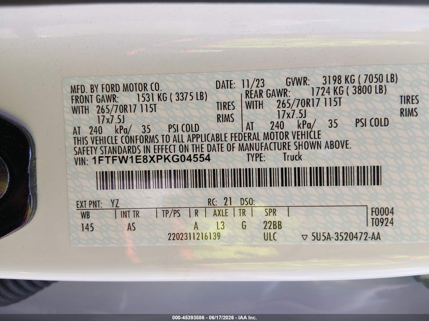 2023 Ford F-150 VIN 1FTFW1E8XPKG04554 IAAI salvage auction — SIDE, Wait Title, sold $5,600 on 2026-10-01 (photo 9)