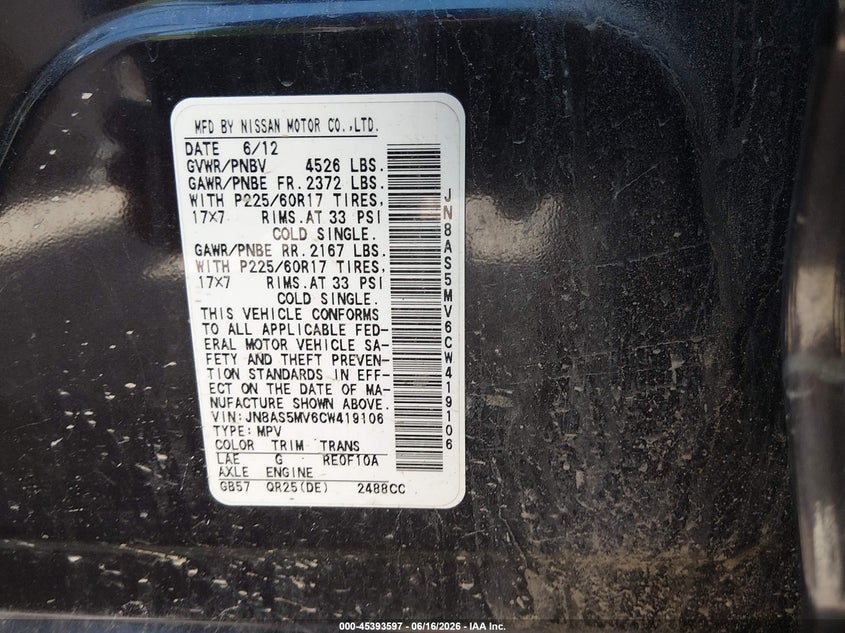 2012 Nissan Rogue VIN JN8AS5MV6CW419106 IAAI salvage auction — REAR END, Salvage (Texas), sold $125 on 2026-07-30 (photo 9)