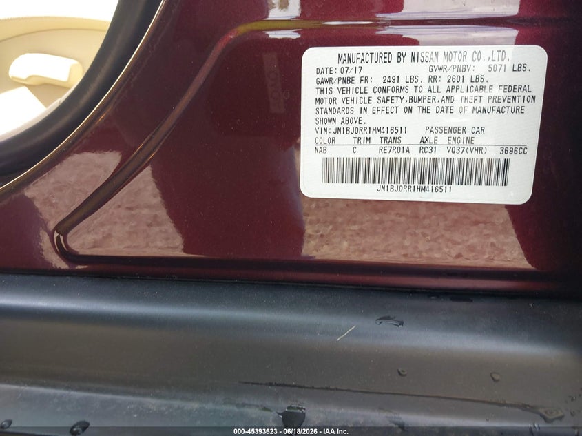 2017 Infiniti Qx50 VIN JN1BJ0RR1HM416511 IAAI salvage auction — FRONT END, Salvage (South Carolina), sold $25 on 2026-07-29 (photo 9)