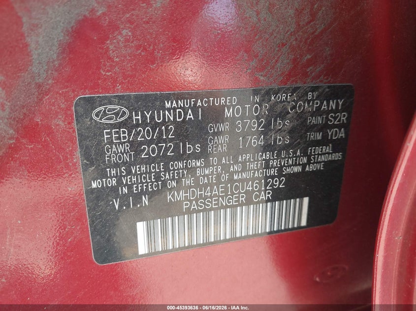 2012 Hyundai Elantra VIN KMHDH4AE1CU461292 IAAI salvage auction — FRONT END, Salvage (Connecticut), sold $450 on 2026-07-09 (photo 9)