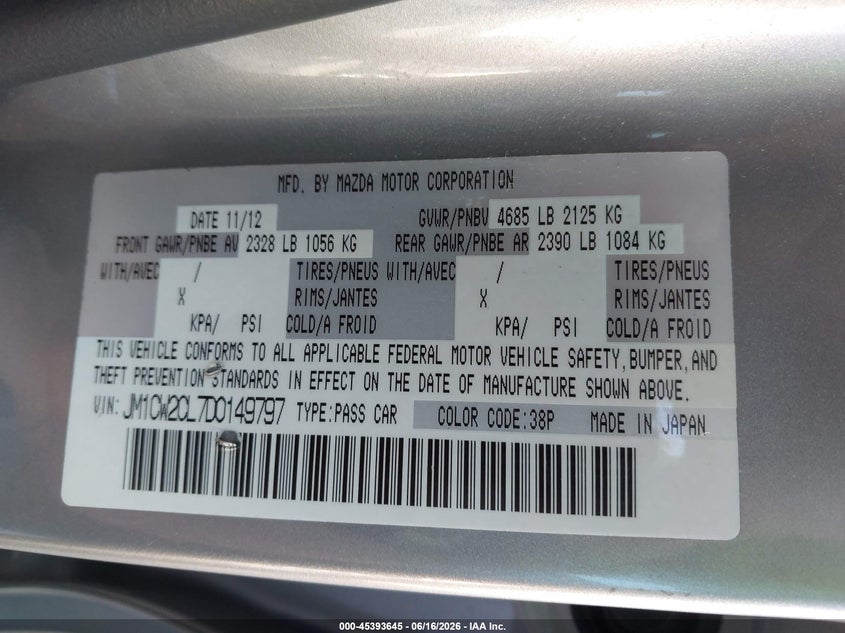 2013 Mazda 5 VIN JM1CW2CL7D0149797 IAAI salvage auction — FRONT END, Certificate Of Title (Nebraska), sold $25 on 2026-07-23 (photo 9)