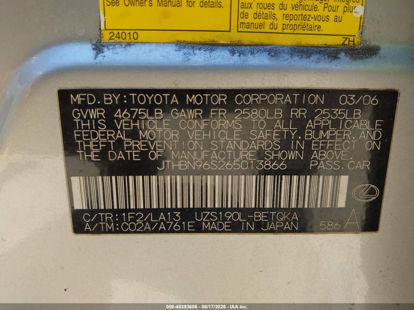 2006 Lexus Gs 430 VIN JTHBN96S265013866 IAAI salvage auction — FRONT END, Clear (Tennessee), sold $425 on 2026-07-29 (photo 9)