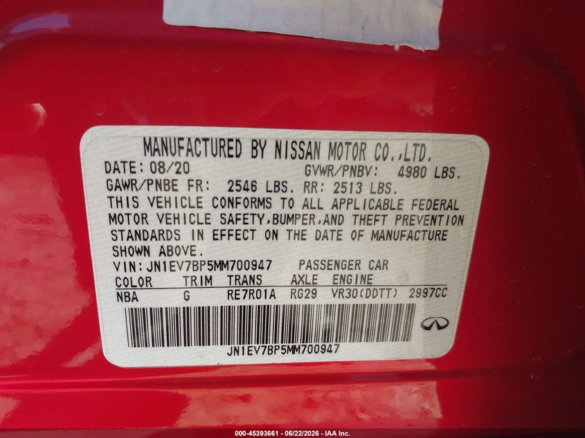 2021 Infiniti Q50 VIN JN1EV7BP5MM700947 IAAI salvage auction — REAR END, Salvage Title, sold $4,250 on 2026-08-21 (photo 9)