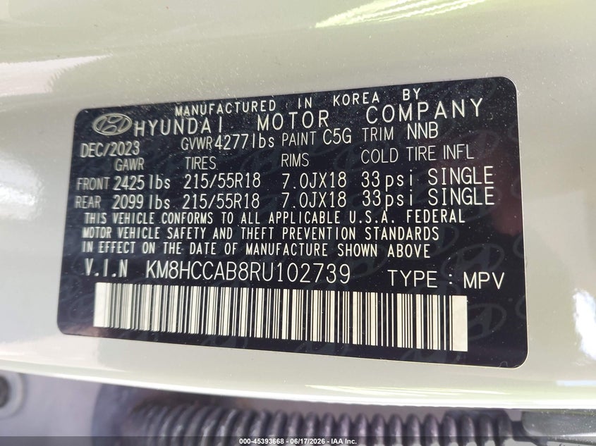 2024 Hyundai Kona VIN KM8HCCAB8RU102739 IAAI salvage auction — FRONT & REAR, Salvage (Pennsylvania), sold $2,850 on 2026-07-29 (photo 9)