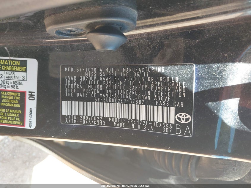 2014 Toyota Corolla VIN 5YFBURHE2EP157687 IAAI salvage auction — NORMAL WEAR, Clear (Missouri), sold $1,700 on 2026-07-27 (photo 9)