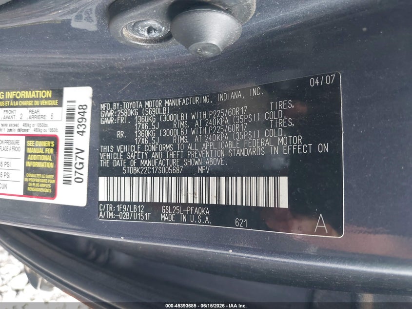 2007 Toyota Sienna VIN 5TDBK22C17S005687 IAAI salvage auction — NORMAL WEAR, Clear (New Jersey), sold $1,050 on 2026-07-14 (photo 9)