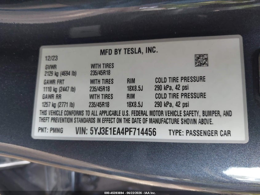 2023 Tesla Model 3 VIN 5YJ3E1EA4PF714456 IAAI salvage auction — REAR END, Salvage Title, sold $8,600 on 2026-07-31 (photo 9)