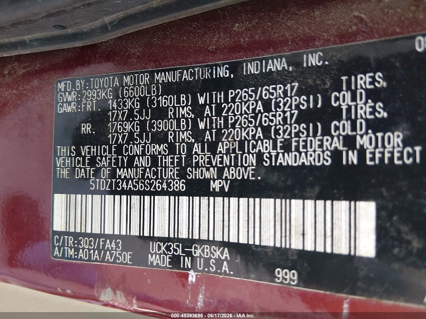 2006 Toyota Sequoia VIN 5TDZT34A56S264386 IAAI salvage auction — NORMAL WEAR, Original (Texas), sold $1,000 on 2026-07-20 (photo 9)
