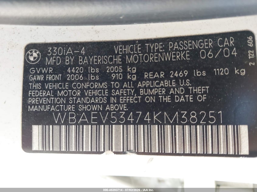 2004 BMW 3 series VIN WBAEV53474KM38251 IAAI salvage auction — NORMAL WEAR, Clear (Tennessee), sold $25 on 2026-07-29 (photo 9)