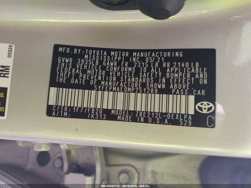 2021 Toyota Corolla VIN 5YFEPMAE0MP251289 IAAI salvage auction — RIGHT REAR, Rebuildable (Florida), sold $5,725 on 2026-07-16 (photo 9)