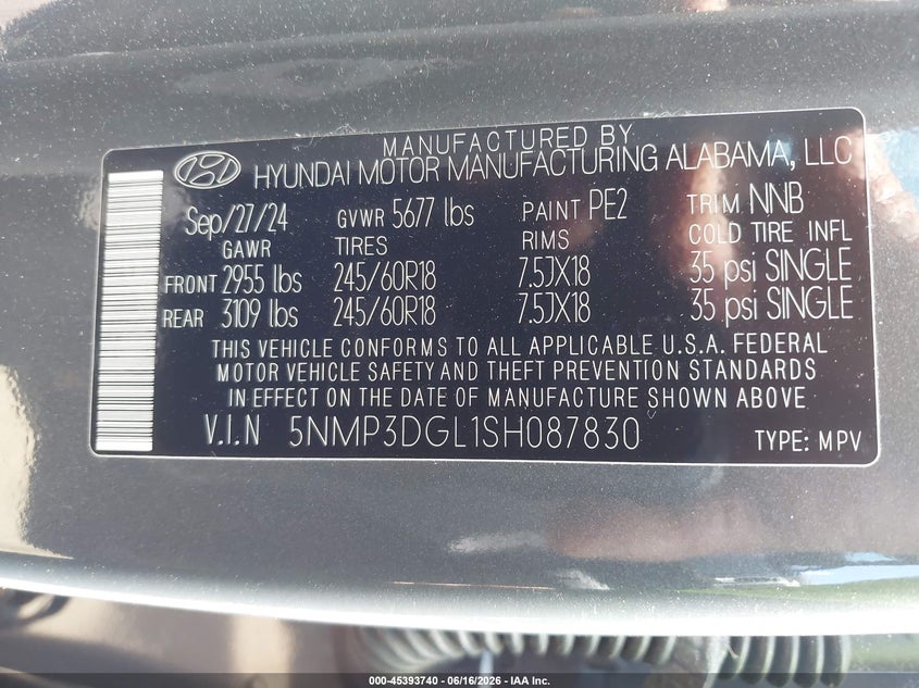2025 Hyundai Santa fe VIN 5NMP3DGL1SH087830 IAAI salvage auction — FRONT END, Salvage Title, sold $10,475 on 2026-08-25 (photo 9)
