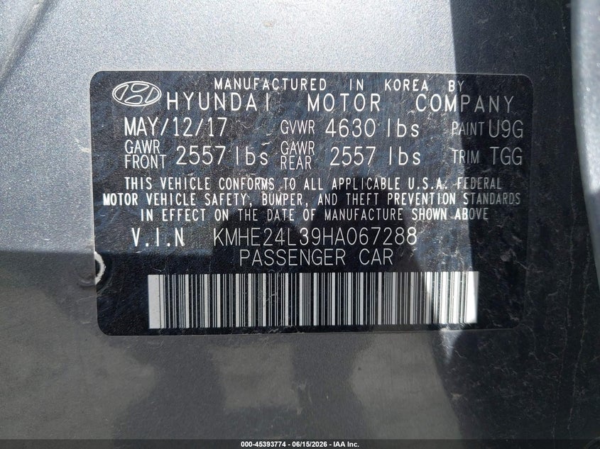 2017 Hyundai VIN KMHE24L39HA067288 IAAI salvage auction — FRONT END, Clear (Wisconsin), sold $1,725 on 2026-07-16 (photo 9)