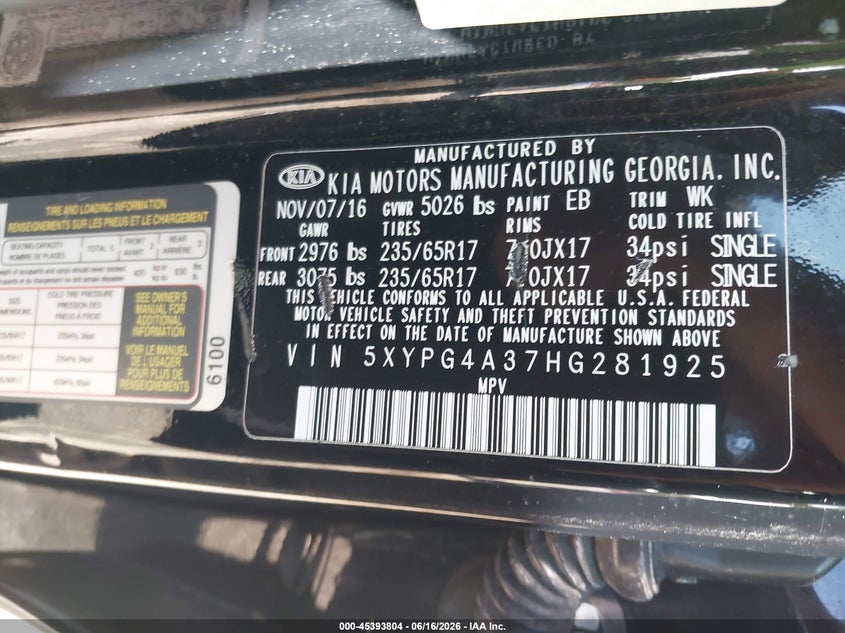 2017 Kia Sorento VIN 5XYPG4A37HG281925 IAAI salvage auction — REAR END, Salvage - 75% Or Less (Maryland), sold $1,950 on 2026-07-10 (photo 9)