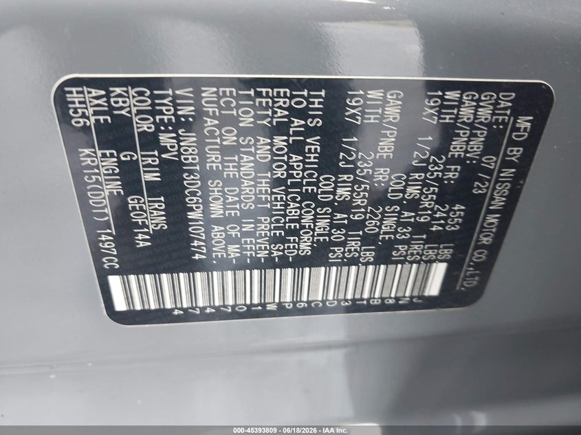 2023 Nissan Rogue VIN JN8BT3DC6PW107474 IAAI salvage auction — FRONT END, Salvage (North Carolina), sold $6,800 on 2026-08-02 (photo 9)