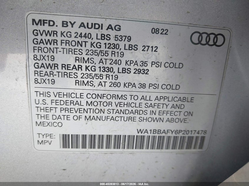 2023 Audi Q5 VIN WA1BBAFY6P2017478 IAAI salvage auction — REAR END, Salvage (Pennsylvania), sold $11,750 on 2026-07-17 (photo 9)