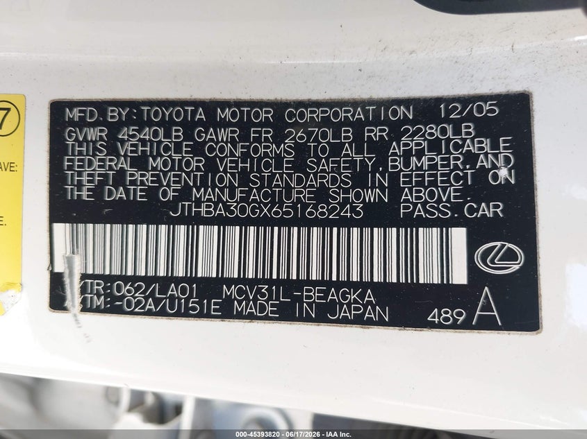 2006 Lexus Es 330 VIN JTHBA30GX65168243 IAAI salvage auction — RIGHT REAR, Mv-907A (New York), sold $625 on 2026-07-14 (photo 9)