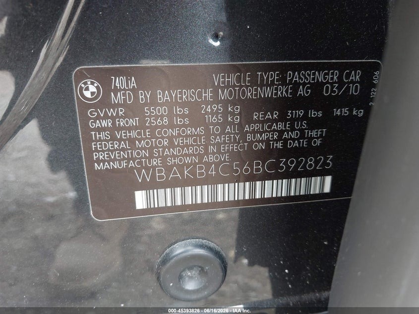 2011 BMW 7 series VIN WBAKB4C56BC392823 IAAI salvage auction — FRONT END, Clear (Indiana), sold $750 on 2026-07-29 (photo 9)
