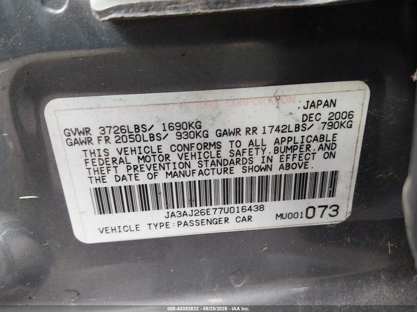 2007 Mitsubishi Lancer VIN JA3AJ26E77U016438 IAAI salvage auction — NORMAL WEAR, Original (Ohio), sold $275 on 2026-07-08 (photo 9)
